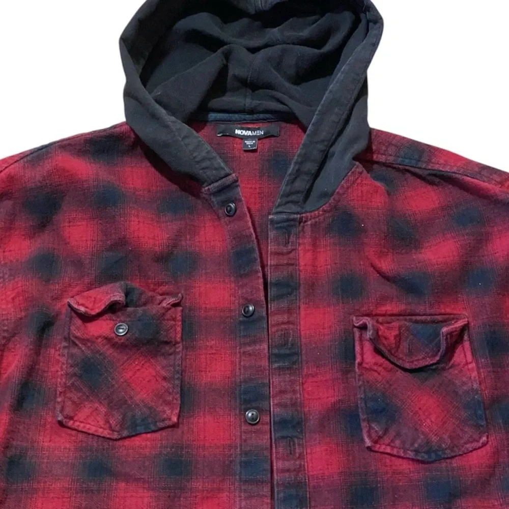 Red Buffalo Plaid Flannel Jacket Hooded Heavy Cotton L Camping Outdoor Grunge